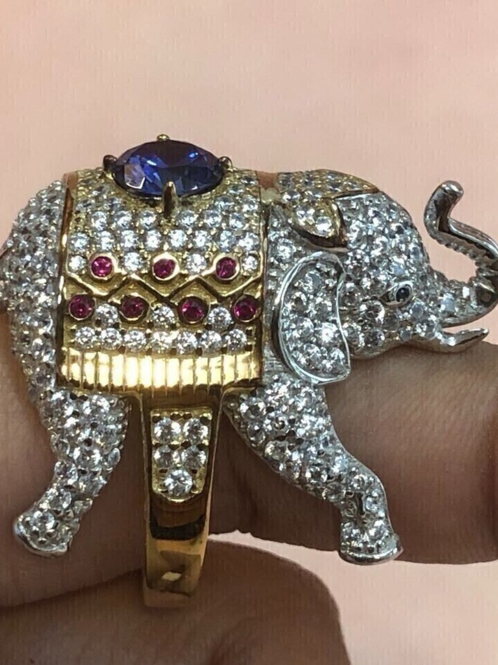 Vintage QVC Diamonique .925 Sterling Silver Ornate Jeweled Elephant Ring